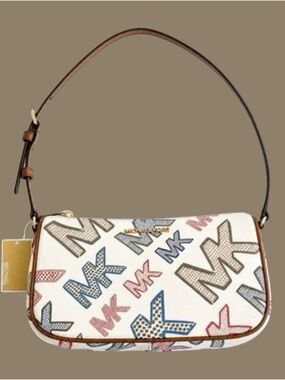Michael Kors White Multicolor MK Logo Shoulder Bag with Brown Trim